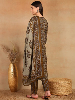 Brown Cotton Blend Ethnic Motifs Printed Straight Kurti Pant With Dupatta