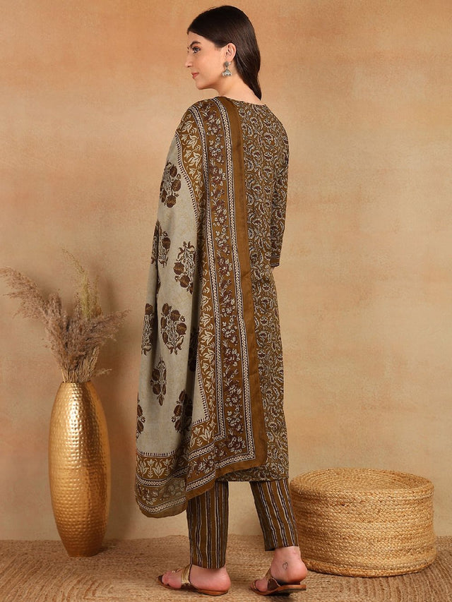 Brown Cotton Blend Ethnic Motifs Printed Straight Kurti Pant With Dupatta