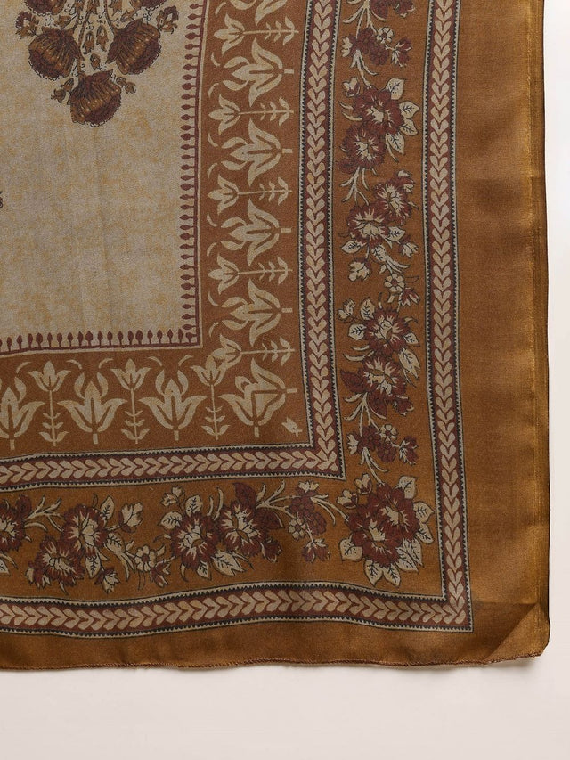Brown Cotton Blend Ethnic Motifs Printed Straight Kurti Pant With Dupatta