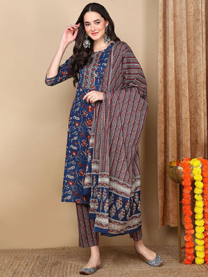 Blue Rayon Blend Floral Printed Straight Kurti Pants With Dupatta