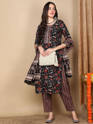 Black Rayon Blend Floral Printed Straight Kurti Pants With Dupatta