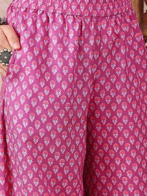 Pink Rayon Blend Floral Printed Straight Kurti Pant With Dupatta