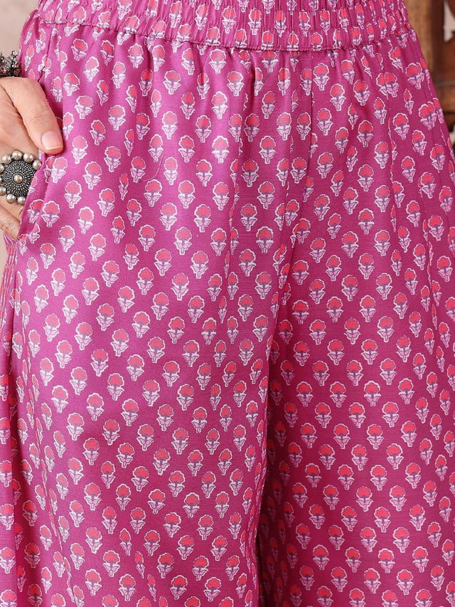 Pink Rayon Blend Floral Printed Straight Kurti Pant With Dupatta