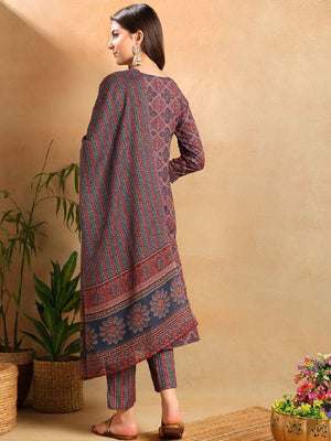 Blue Rayon Blend Ethnic Motifs Printed Straight Kurti Pants With Dupatta