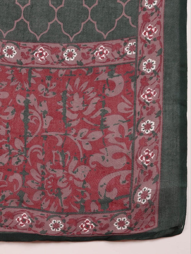 Magenta Rayon Blend Ethnic Motifs Printed Straight Kurti Pant With Dupatta