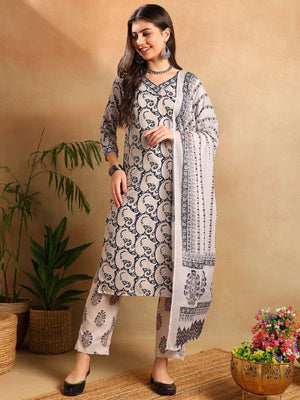 Navy Blue Rayon Blend Paisley Printed Straight Kurti Pants With Dupatta