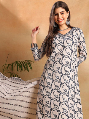 Navy Blue Rayon Blend Paisley Printed Straight Kurti Pants With Dupatta