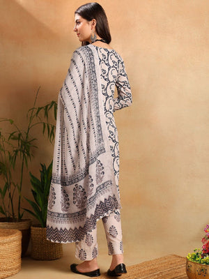Navy Blue Rayon Blend Paisley Printed Straight Kurti Pants With Dupatta