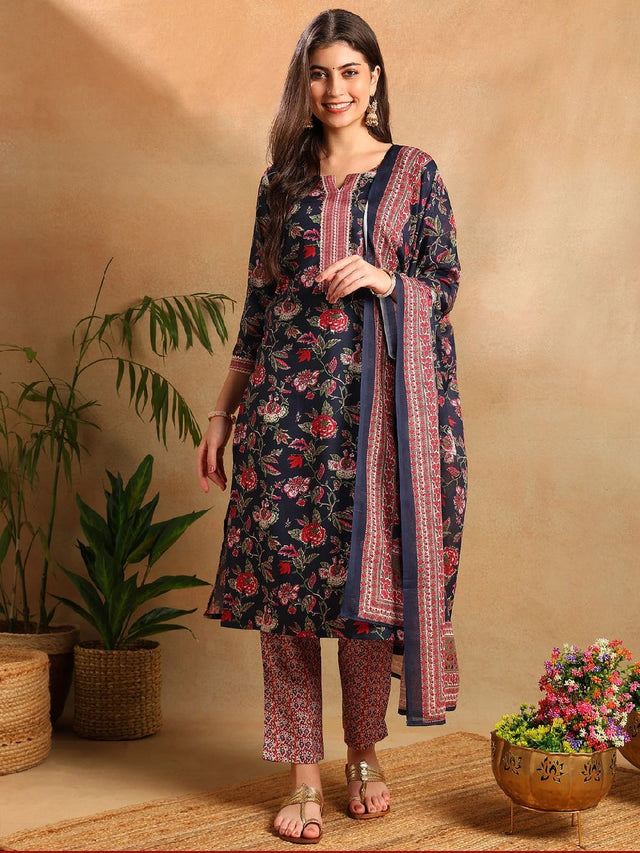 Navy Blue Rayon Blend Floral Printed Straight Kurti Pants With Dupatta