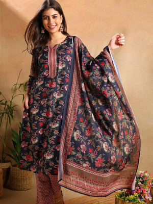 Navy Blue Rayon Blend Floral Printed Straight Kurti Pants With Dupatta