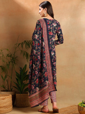 Navy Blue Rayon Blend Floral Printed Straight Kurti Pants With Dupatta