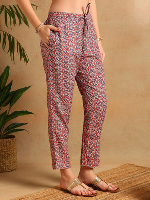 Navy Blue Rayon Blend Floral Printed Straight Kurti Pants With Dupatta