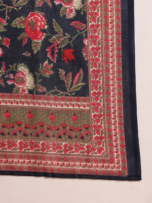 Navy Blue Rayon Blend Floral Printed Straight Kurti Pants With Dupatta