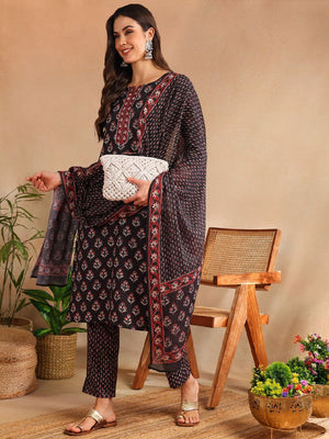 Black Rayon Blend Floral Printed Straight Kurti Pant With Dupatta