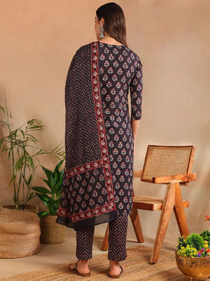 Black Rayon Blend Floral Printed Straight Kurti Pant With Dupatta