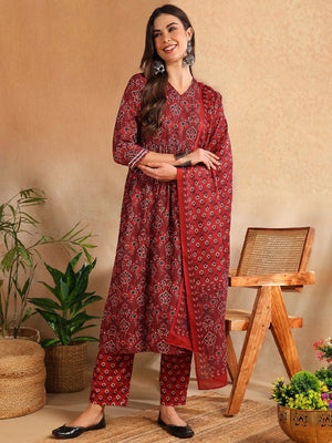 Red Rayon Blend Floral Printed A-Line Kurti Pant With Dupatta
