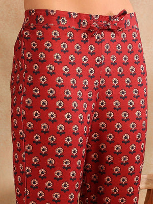 Red Rayon Blend Floral Printed A-Line Kurti Pant With Dupatta