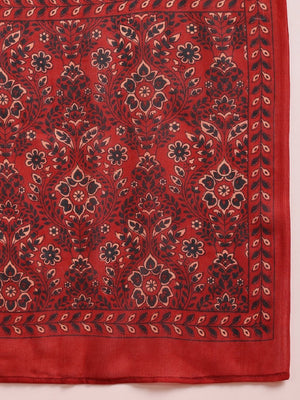 Red Rayon Blend Floral Printed A-Line Kurti Pant With Dupatta