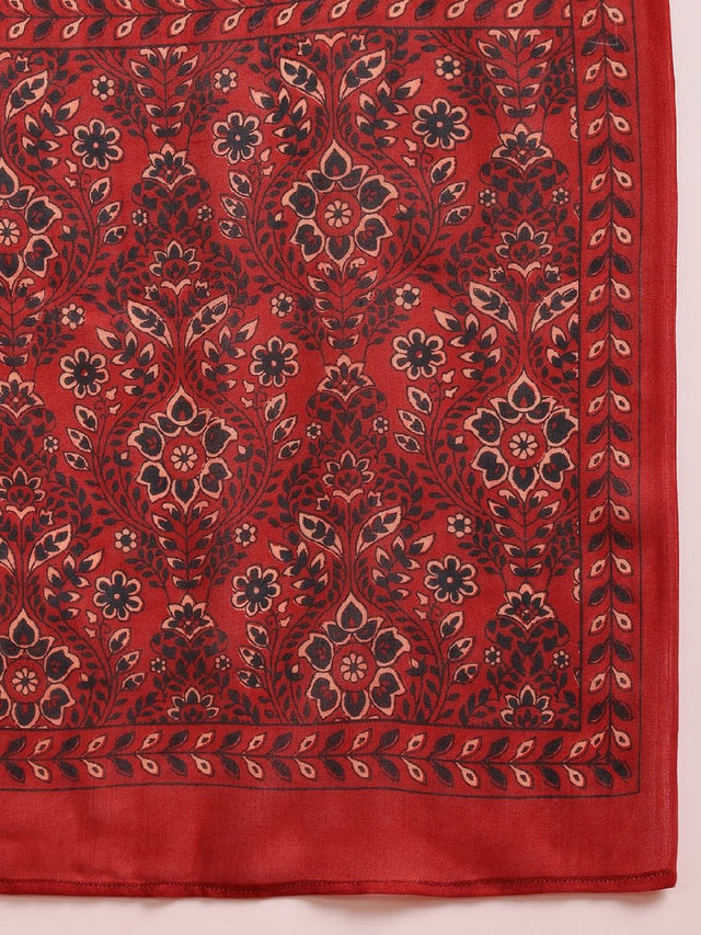 Red Rayon Blend Floral Printed A-Line Kurti Pant With Dupatta