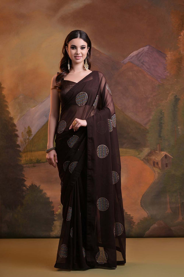 Brown Georgette Mirror Sequin Saree (N2ZWHOLEFABBIGOLA)