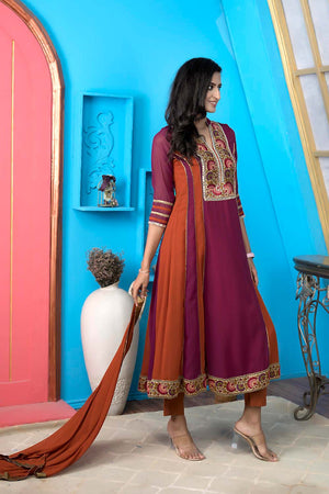 Magenta Georgette Stitched Anarkali Trouser Kurti Dupatta Readymade Suits