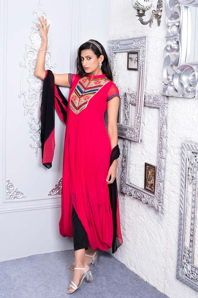 Pink Embroidered Georgette Stitched Indo-Western Suit Set