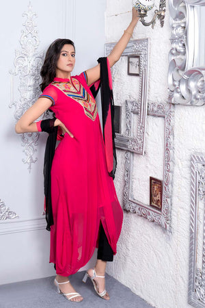 Pink Embroidered Georgette Stitched Indo-Western Suit Set