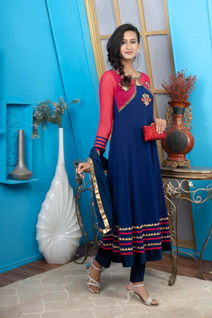 Blue Georgette Stitched Anarkali Trouser Kurti Dupatta Readymade Suits