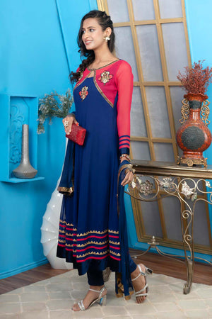 Blue Georgette Stitched Anarkali Trouser Kurti Dupatta Readymade Suits