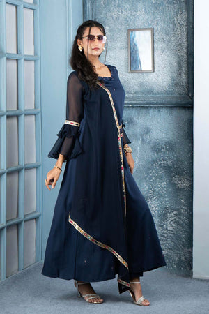 Navy Blue Embroidered Georgette Asymmetrical Kurti Pant Set