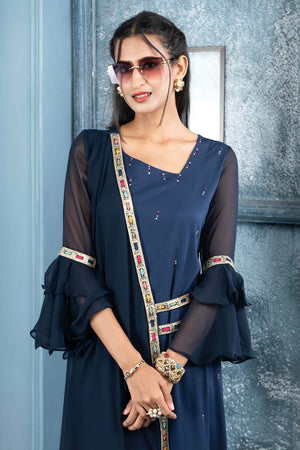 Navy Blue Embroidered Georgette Asymmetrical Kurti Pant Set