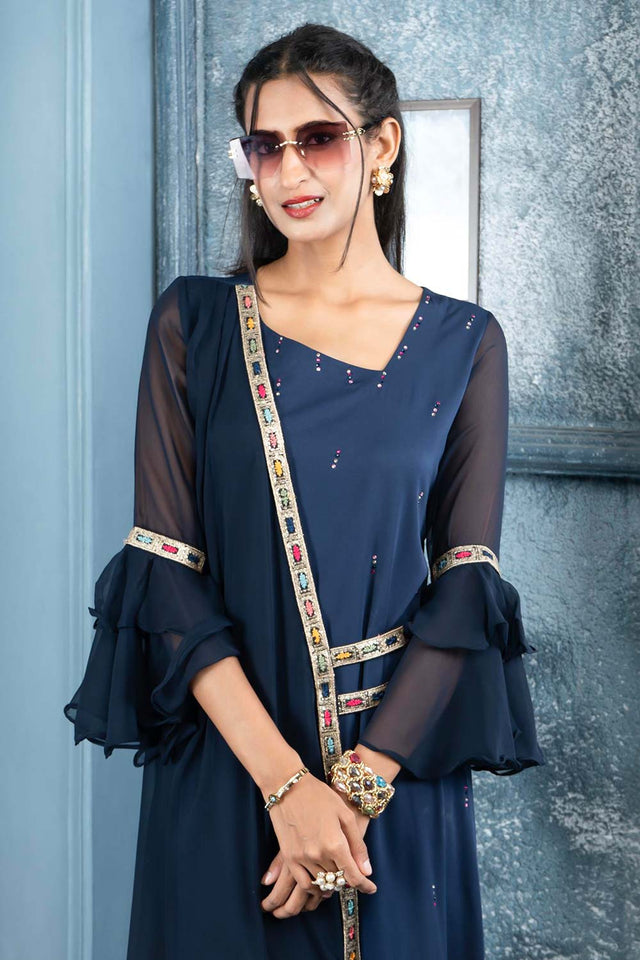 Navy Blue Embroidered Georgette Asymmetrical Kurti Pant Set
