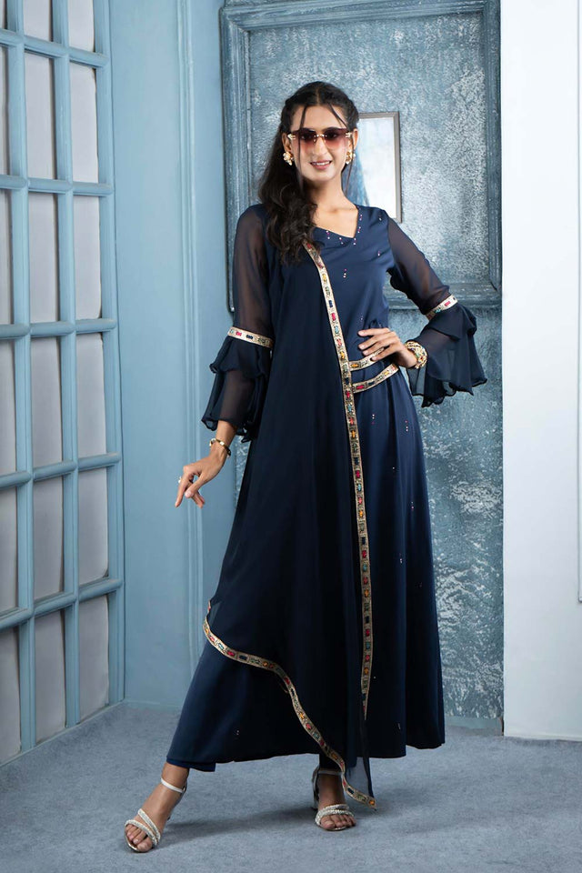 Navy Blue Embroidered Georgette Asymmetrical Kurti Pant Set