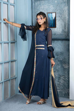 Navy Blue Embroidered Georgette Stitched Anarkali Suit Set