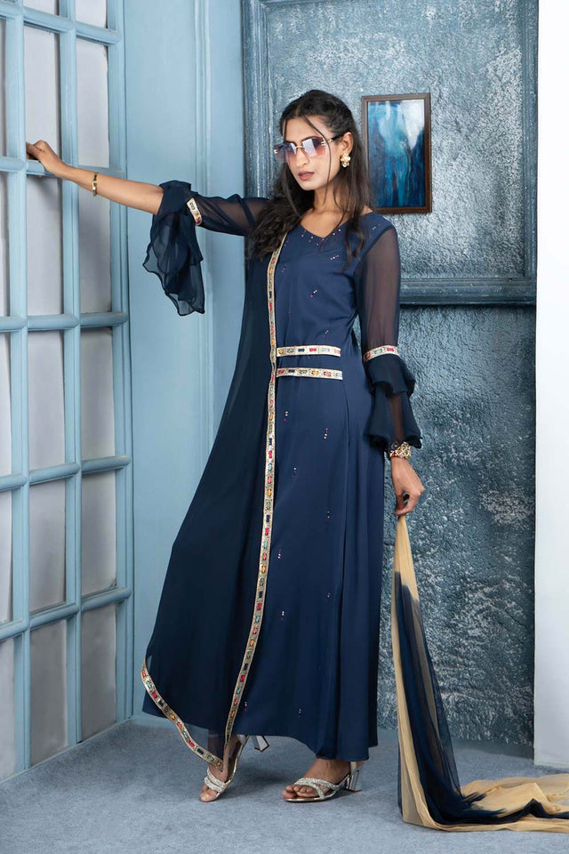 Navy Blue Embroidered Georgette Stitched Anarkali Suit Set