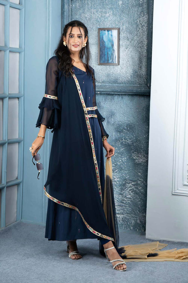 Navy Blue Embroidered Georgette Stitched Anarkali Suit Set