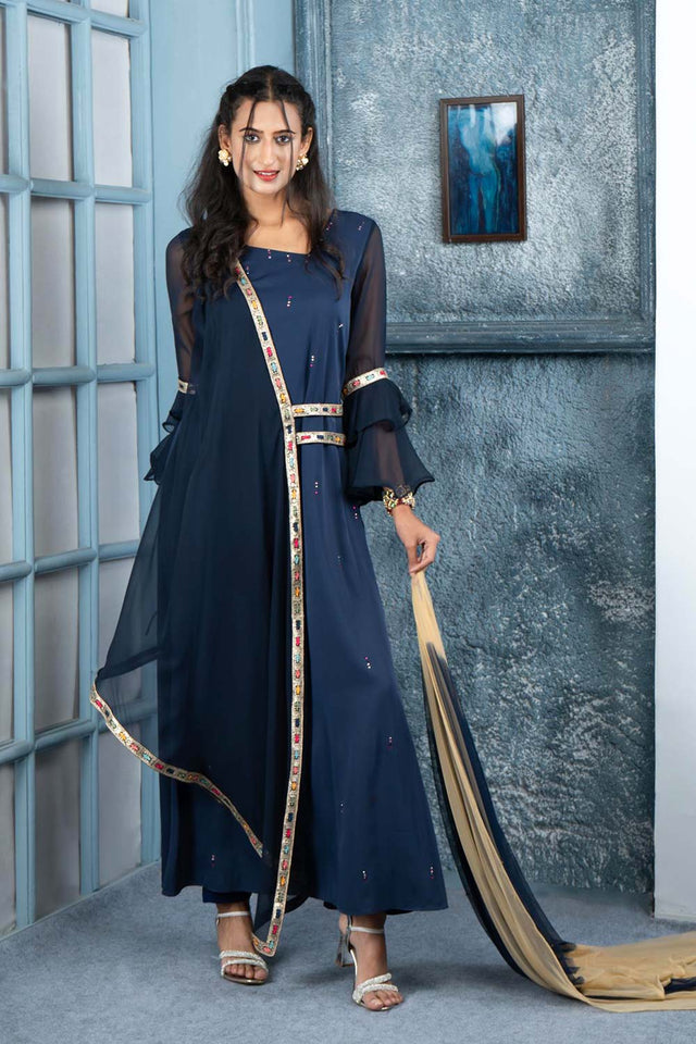 Navy Blue Embroidered Georgette Stitched Anarkali Suit Set