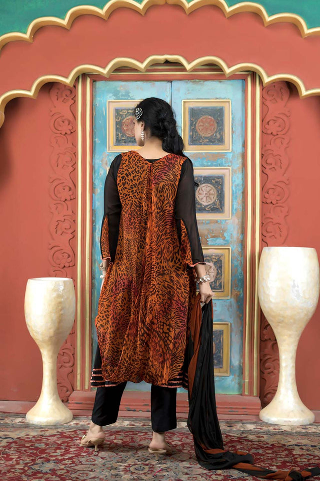 Orange Embroidered Georgette Stitched Anarkali Suit Set