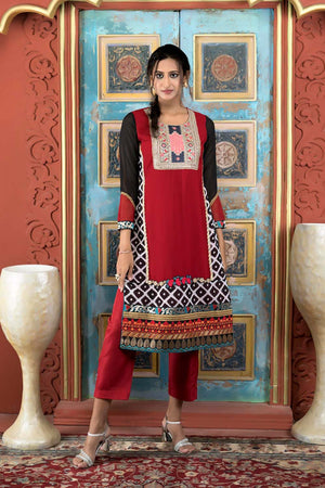 Maroon Embroidered Georgette Straight Cut Suit Set