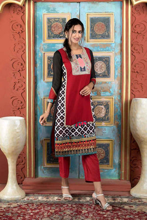 Maroon Embroidered Georgette Straight Cut Suit Set