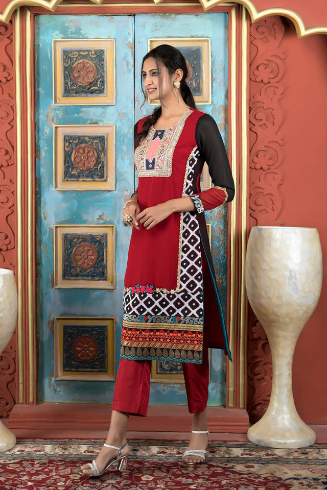Maroon Embroidered Georgette Straight Cut Suit Set