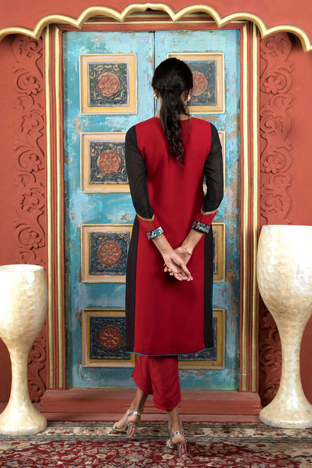 Maroon Embroidered Georgette Straight Cut Suit Set