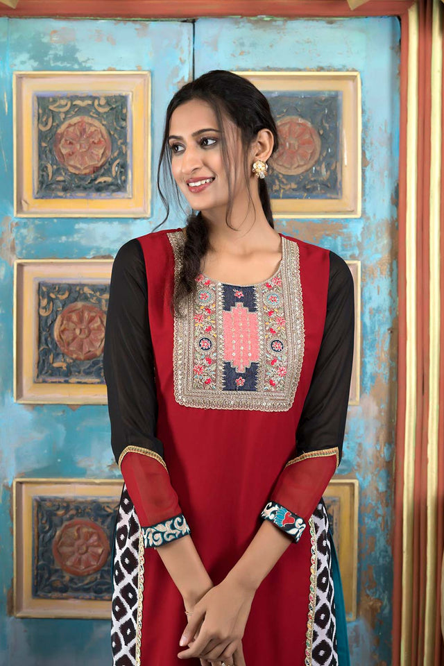 Maroon Embroidered Georgette Straight Cut Suit Set