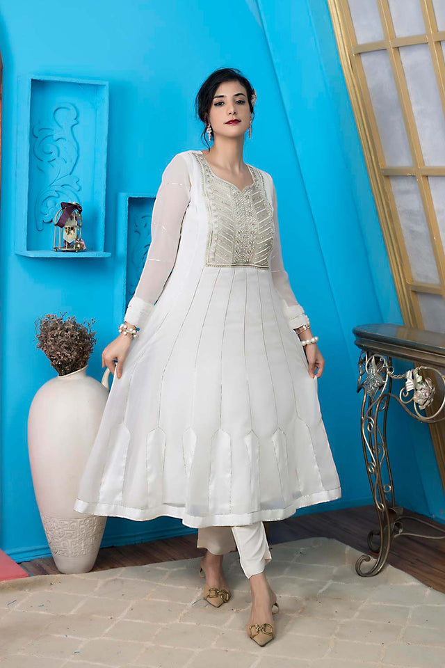 Off-White Embroidered Georgette Anarkali Kurti