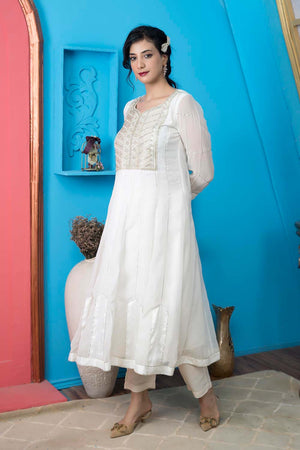 Off-White Embroidered Georgette Anarkali Kurti