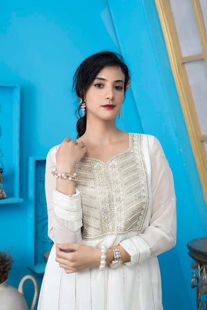 Off-White Embroidered Georgette Anarkali Kurti