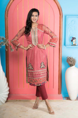 Pink Embroidered Net Straight Cut Suit Set