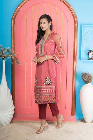 Pink Embroidered Net Straight Cut Suit Set