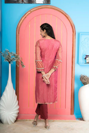 Pink Embroidered Net Straight Cut Suit Set