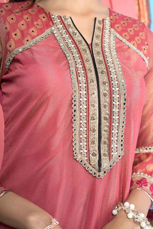 Pink Embroidered Net Straight Cut Suit Set